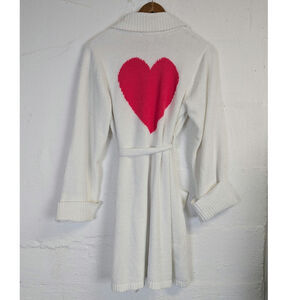 Betsey Johnson Heart Robe White Pink Fuzzy Warm Cozy Pockets Girly Womens Small